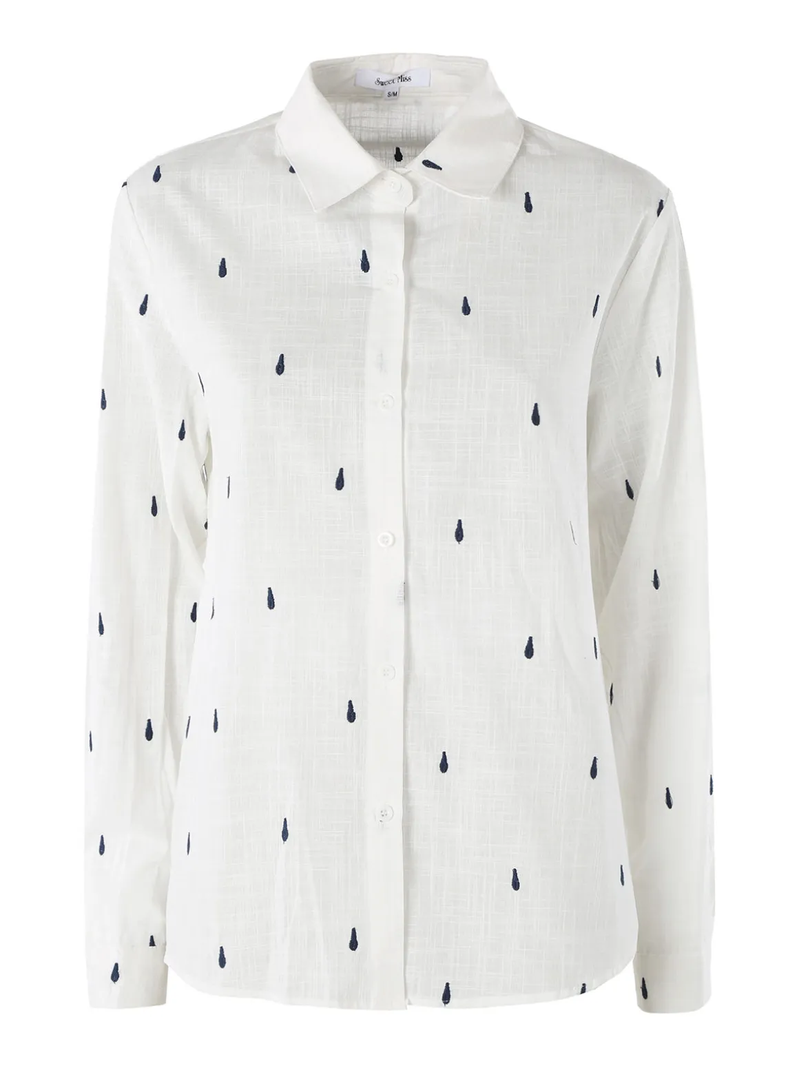 Sweet Miss Camicia donna in misto cotone e lino a maniche lunghe con ricami a goccia - blu