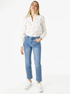 Sweet Miss Camicia donna in misto cotone e lino a maniche lunghe con ricami a goccia - blu