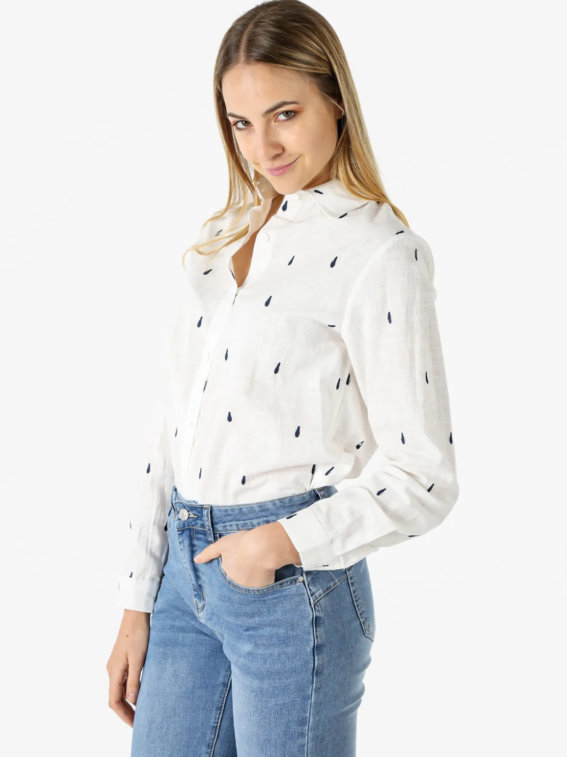 Sweet Miss Camicia donna in misto cotone e lino a maniche lunghe con ricami a goccia - blu