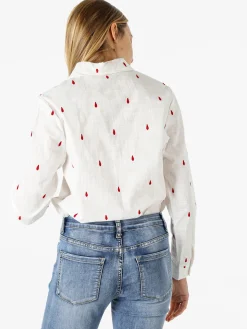 Sweet Miss Camicia donna in misto cotone e lino a maniche lunghe con ricami a goccia - rosso