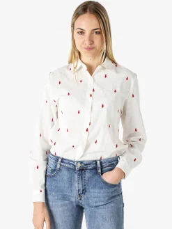 Sweet Miss Camicia donna in misto cotone e lino a maniche lunghe con ricami a goccia - rosso