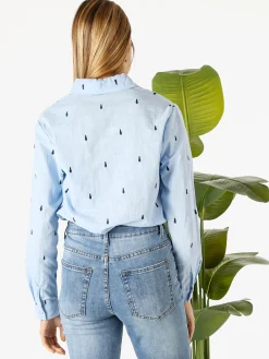 Sweet Miss Camicia donna in misto cotone e lino a maniche lunghe con ricami a goccia - azzurro
