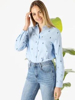 Sweet Miss Camicia donna in misto cotone e lino a maniche lunghe con ricami a goccia - azzurro