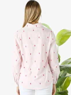 Sweet Miss Camicia donna in misto cotone e lino a maniche lunghe con ricami a goccia - rosa
