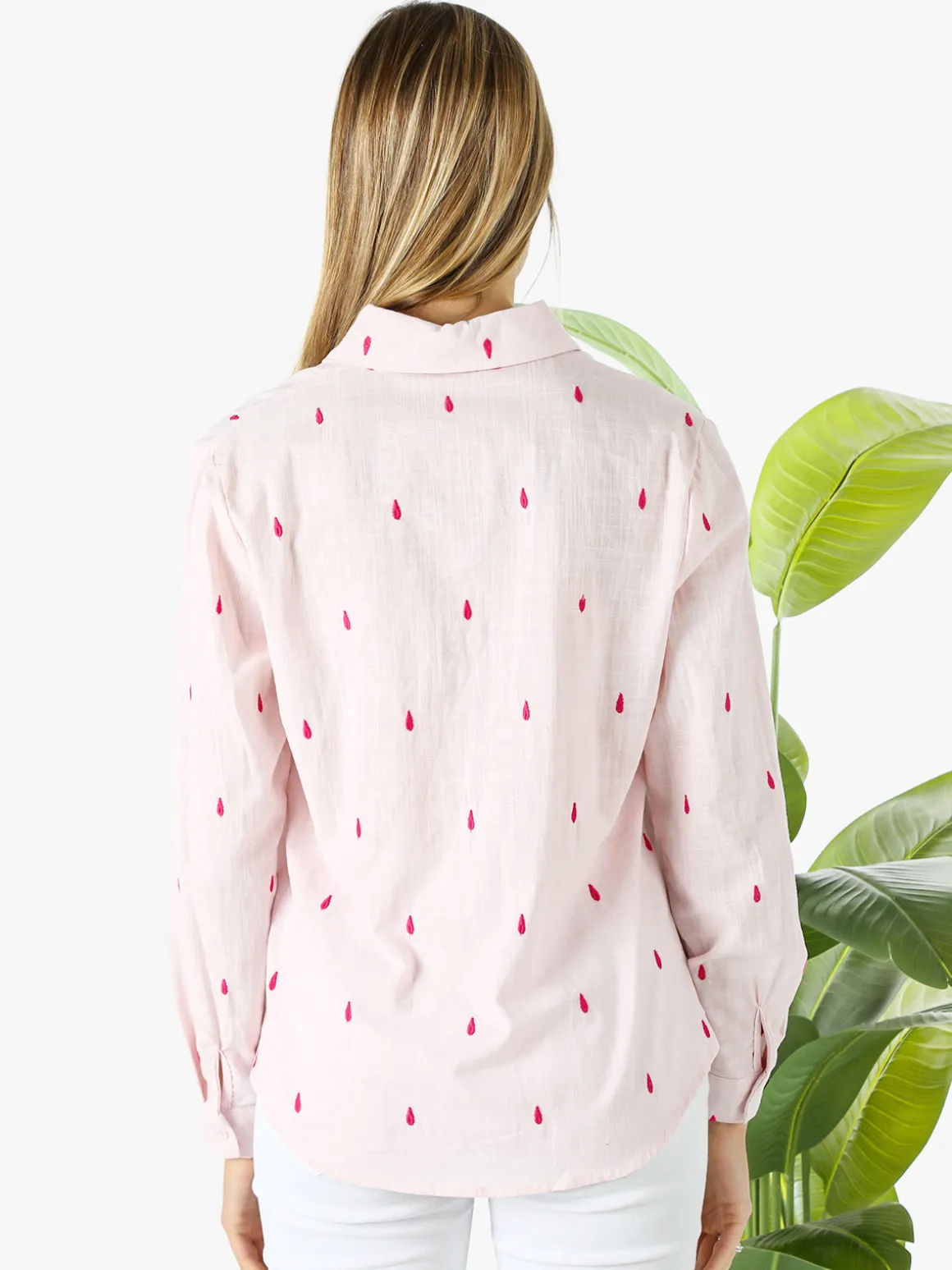 Sweet Miss Camicia donna in misto cotone e lino a maniche lunghe con ricami a goccia - rosa