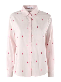 Sweet Miss Camicia donna in misto cotone e lino a maniche lunghe con ricami a goccia - rosa