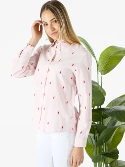 Sweet Miss Camicia donna in misto cotone e lino a maniche lunghe con ricami a goccia - rosa