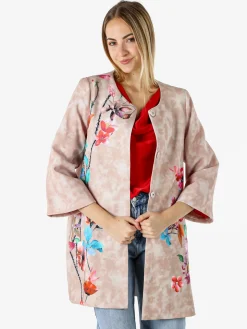 Sweet Miss Cappotto donna con stampe floreali e maniche 3/4 a campana - beige