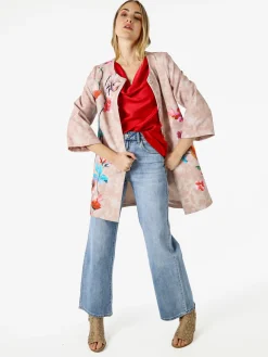 Sweet Miss Cappotto donna con stampe floreali e maniche 3/4 a campana - beige