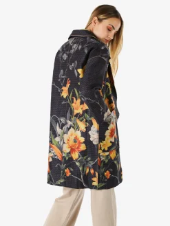 Sweet Miss Cappotto donna oversize in tessuto scamosciato con stampe floreali - nero