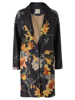 Sweet Miss Cappotto donna oversize in tessuto scamosciato con stampe floreali - nero