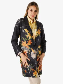 Sweet Miss Cappotto donna oversize in tessuto scamosciato con stampe floreali - nero