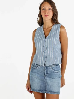Sweet Miss Gilet donna a righe in misto lino e cotone - blu
