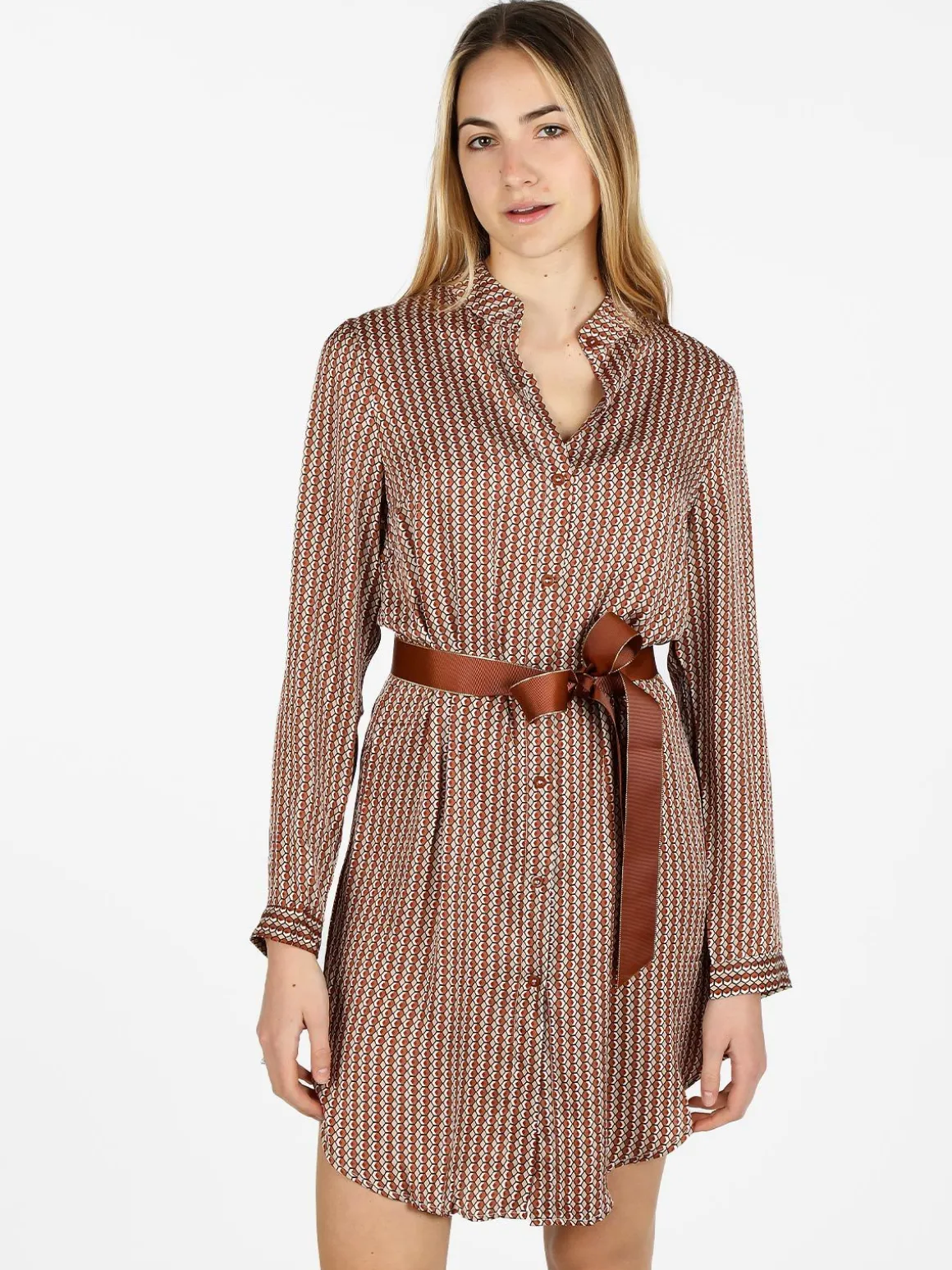 Sweet Miss Maxi camicia donna con cintura e collo alla coreana
