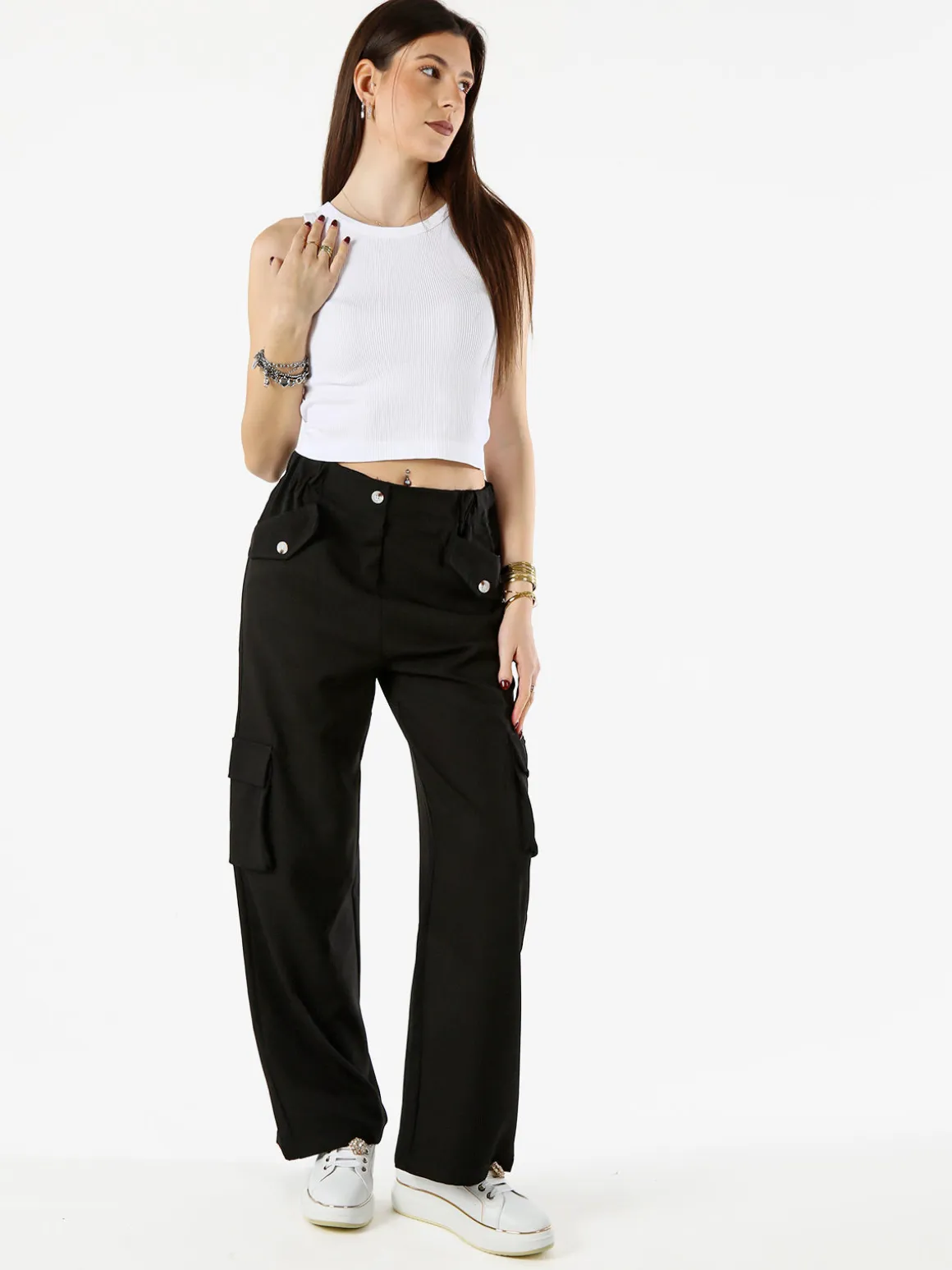 Sweet Miss Pantaloni cargo da donna a gamba larga - nero