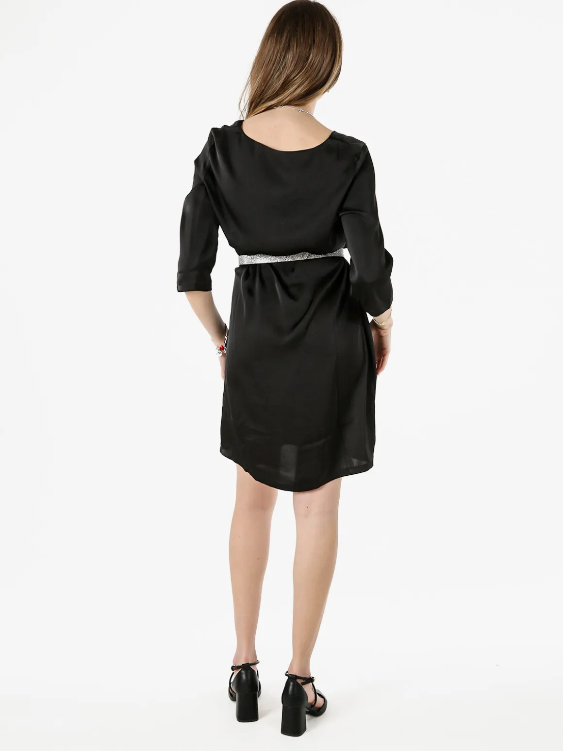 Sweet Miss Vestito donna con maniche a 3/4 in tessuto effetto raso - nero