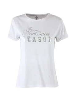 The People Rep T-shirt donna in cotone con scritta di strass e pietre - azzurro
