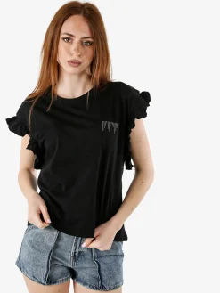 The People Rep T-shirt donna in cotone con maniche a volant e taschino di strass - nero