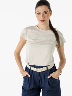 The People Rep T-shirt girocollo da donna in cotone con perline - beige