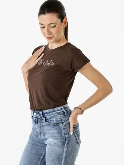 The People Rep T-shirt girocollo da donna in cotone con perline - moro