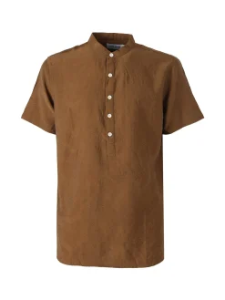 Tmk Camicia da uomo leggera a maniche corte con colletto alla coreana - marrone