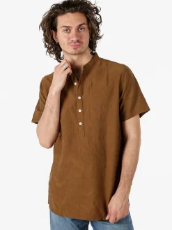 Tmk Camicia da uomo leggera a maniche corte con colletto alla coreana - marrone