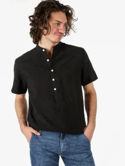 Tmk Camicia da uomo leggera a maniche corte con colletto alla coreana - nero