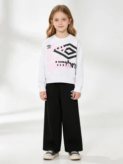 Umbro Completo tuta 2 pezzi da ragazza con felpa cropp e pantaloni a zampa - bianco
