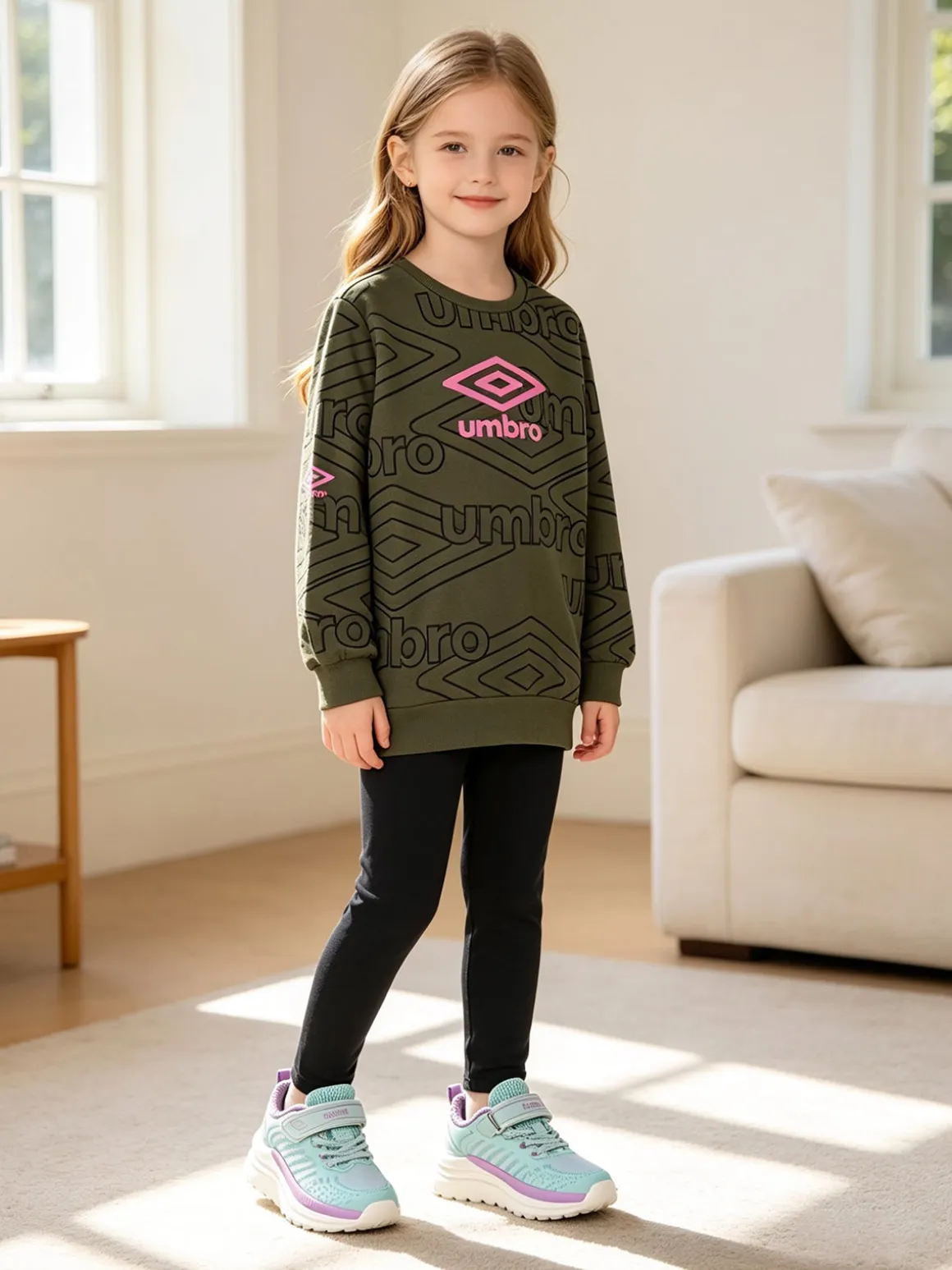 Umbro Completo tuta 2 pezzi da ragazza con interno felpato e stampa logo - militare