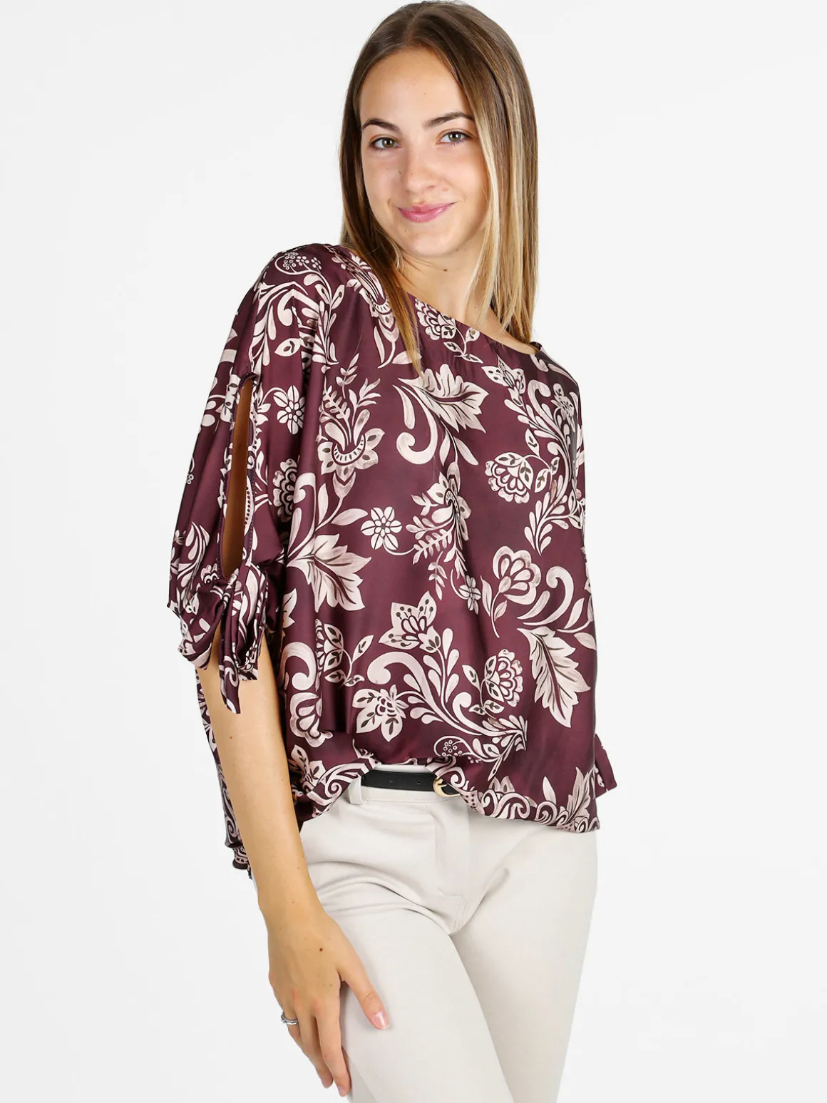 Unique Blusa donna a maniche corte a pipistrello - bordeaux