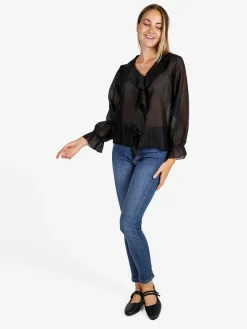 Unique Blusa donna a maniche lunghe con volant - nero