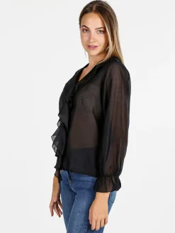 Unique Blusa donna a maniche lunghe con volant - nero