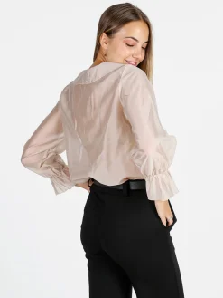 Unique Blusa donna a maniche lunghe con volant - beige