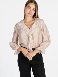 Unique Blusa donna a maniche lunghe con volant - beige