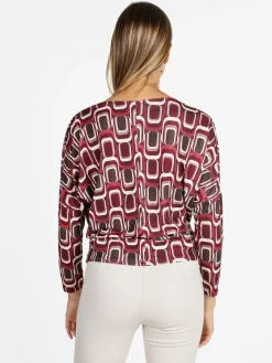 Unique Blusa donna fantasia con scollo a cascata - bordeaux