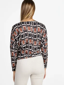 Unique Blusa donna fantasia con scollo a cascata - nero