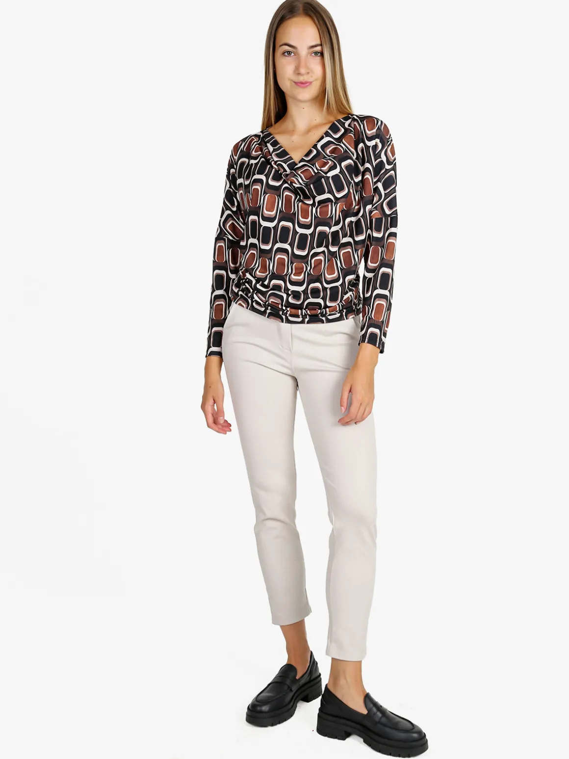 Unique Blusa donna fantasia con scollo a cascata - nero