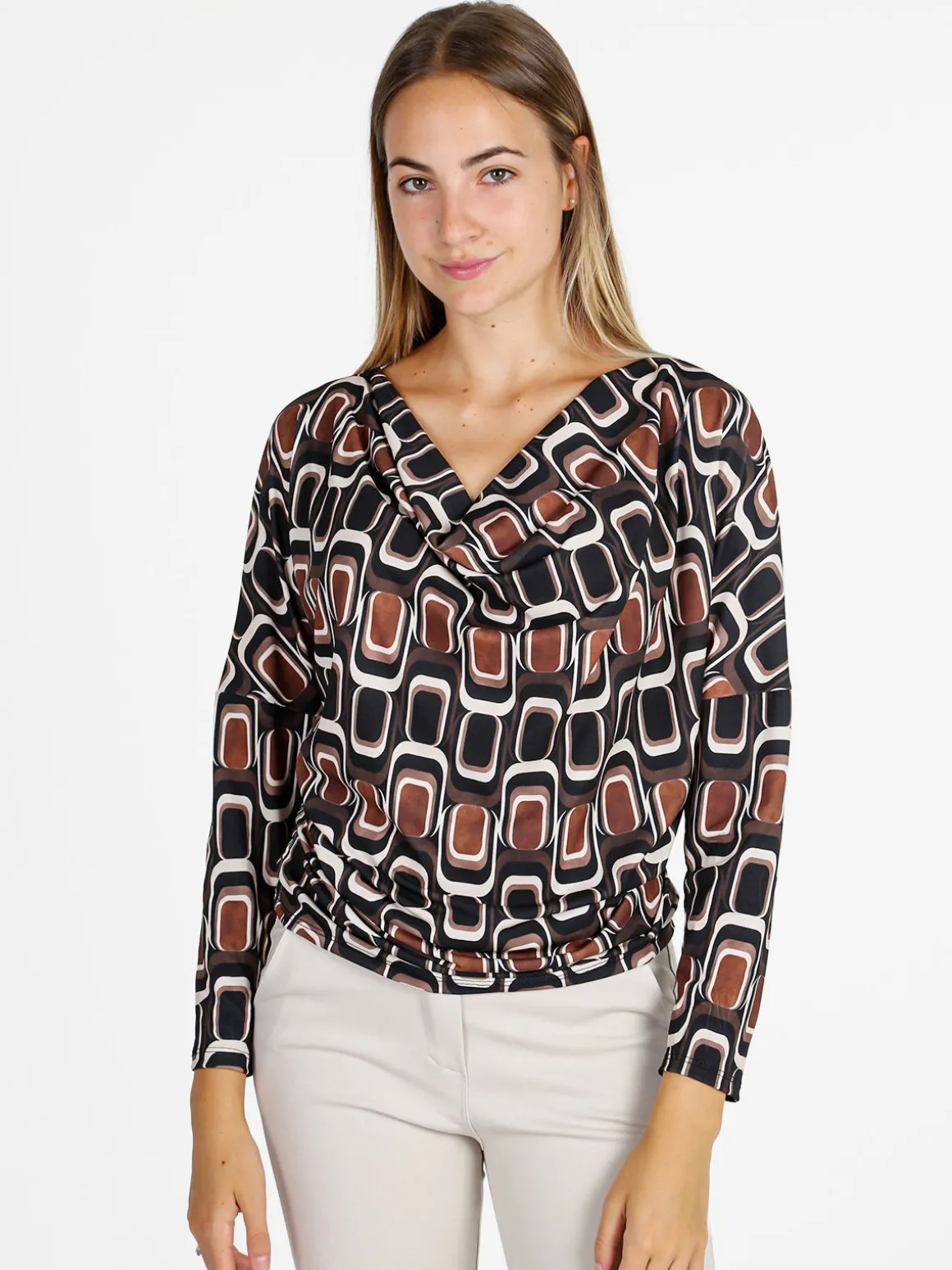 Unique Blusa donna fantasia con scollo a cascata - nero