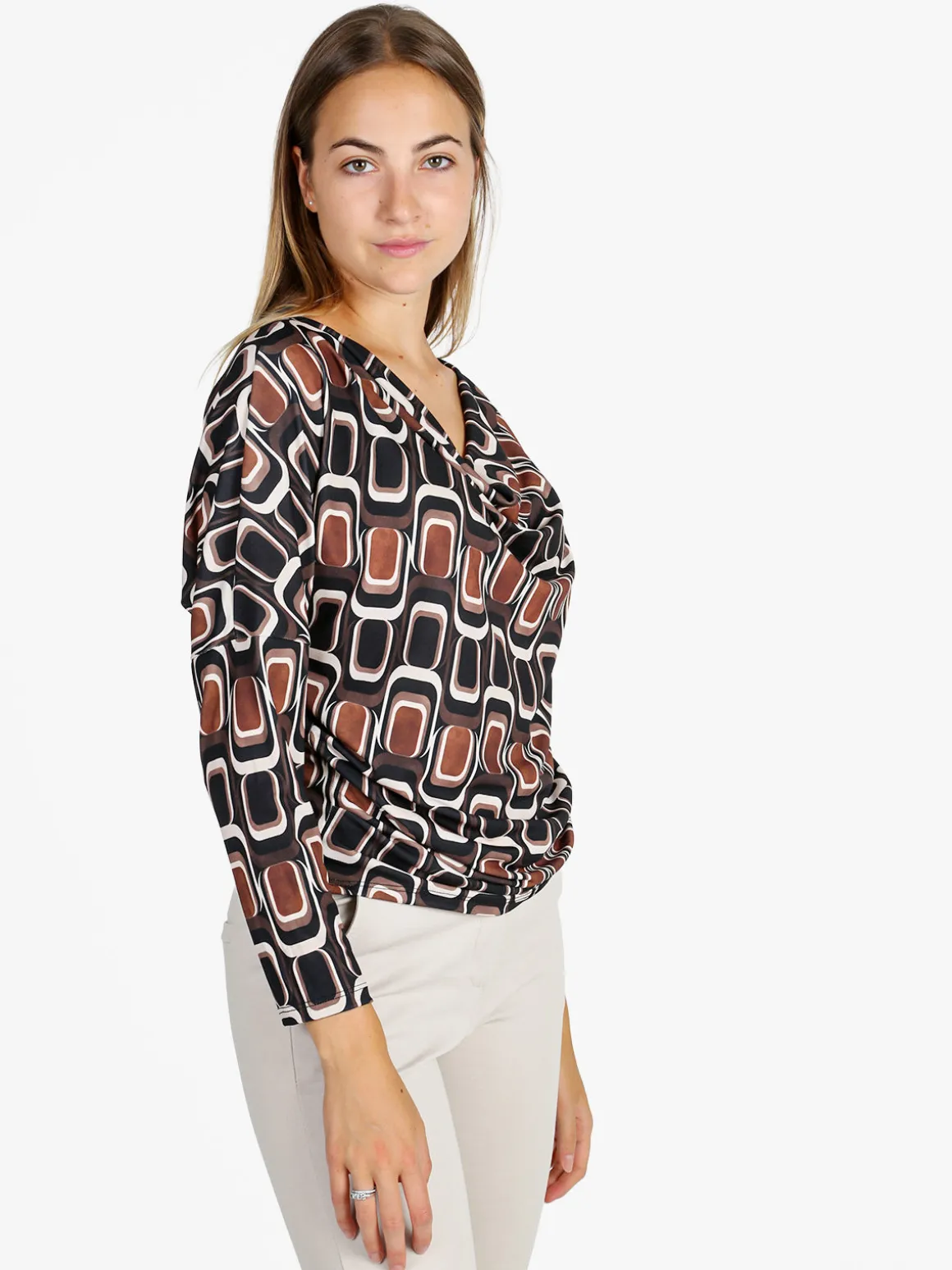 Unique Blusa donna fantasia con scollo a cascata - nero
