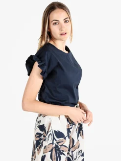 Unique Blusa donna in cotone con maniche corte a volant