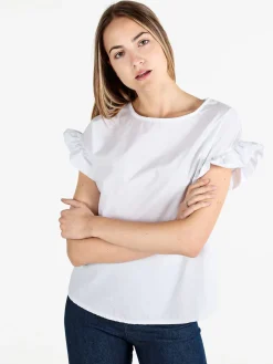 Unique Blusa donna in cotone con maniche corte a volant