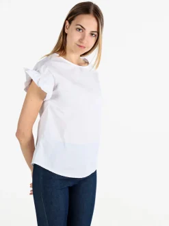 Unique Blusa donna in cotone con maniche corte a volant