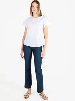Unique Blusa donna in cotone con maniche corte a volant