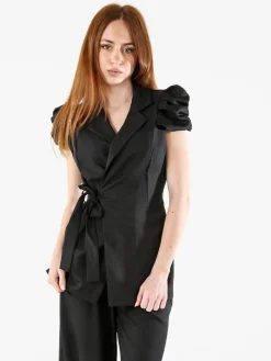 Vanita Blazer donna incrociato a maniche corte con spalle a sbuffo - nero