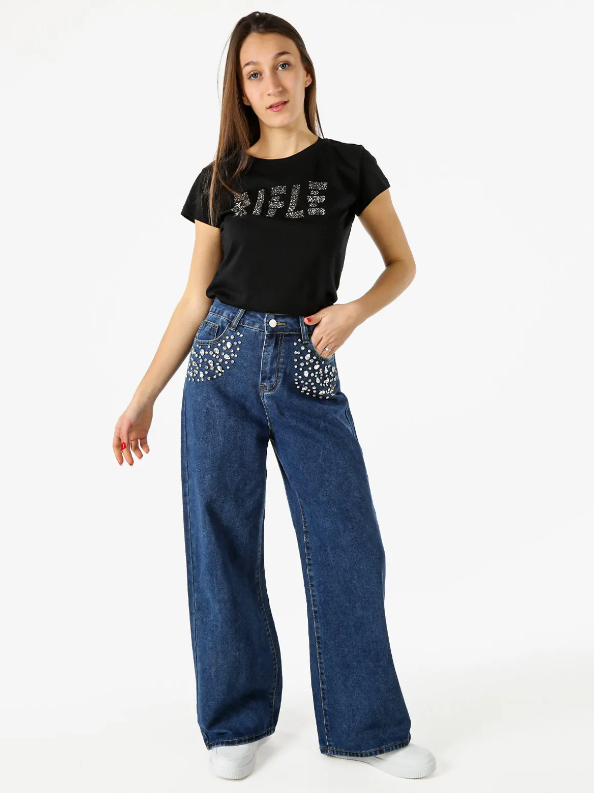 Vanita Jeans da donna a gamba larga con strass - jeans