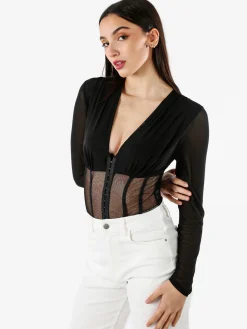 Vestella Top body donna elegante a maniche lunghe con inserti a rete - nero