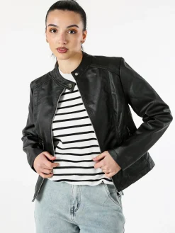 W Collection Giacca donna in ecopelle con zip - nero