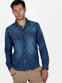 X-Cape Camicia in jeans da uomo con bottoni colorati