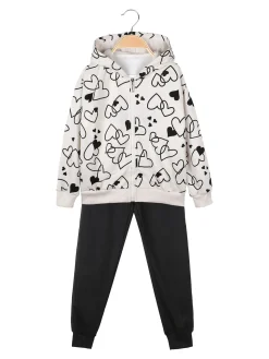 Yes! Do Kid'S Completo 3 pezzi da bambina con felpa con stampa a cuori - panna