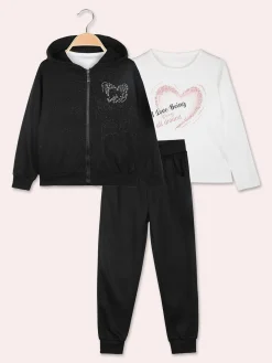 Yes! Do Kid'S Completo tuta 3 pezzi da bambina con felpa brillantinata e strass - nero